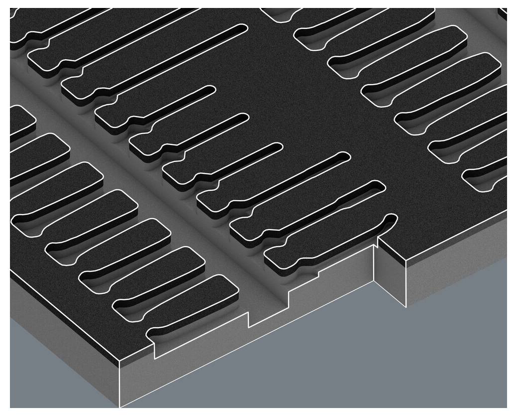 Szczegółowy widok szarej metalowej płyty z wieloma równomiernie rozmieszczonymi wycinkami o kształcie przypominającym zęby.
