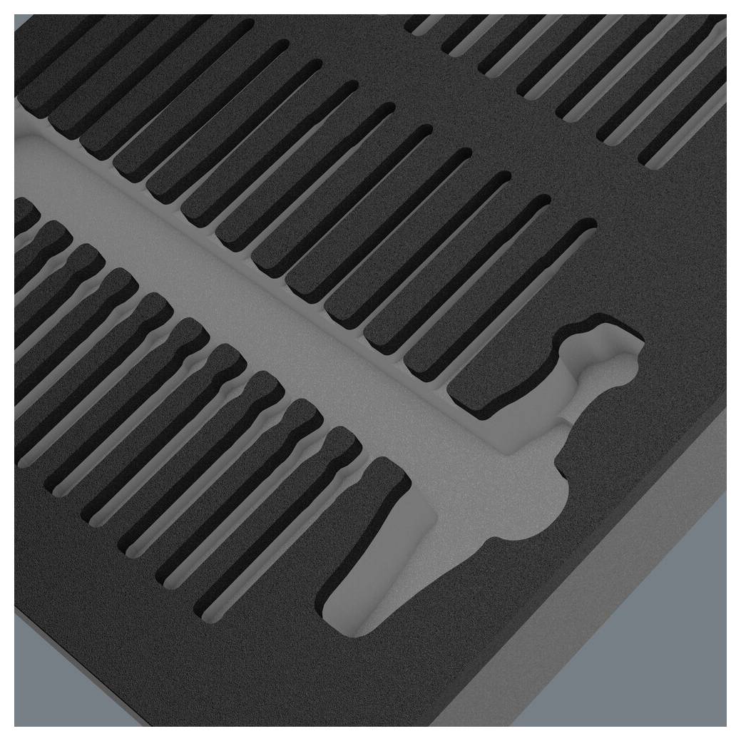 Szara płyta akustyczna z dźwiękochłonnymi rowkami i wyciętą sylwetką trąbki. Wizualnie atrakcyjna i funkcjonalna.