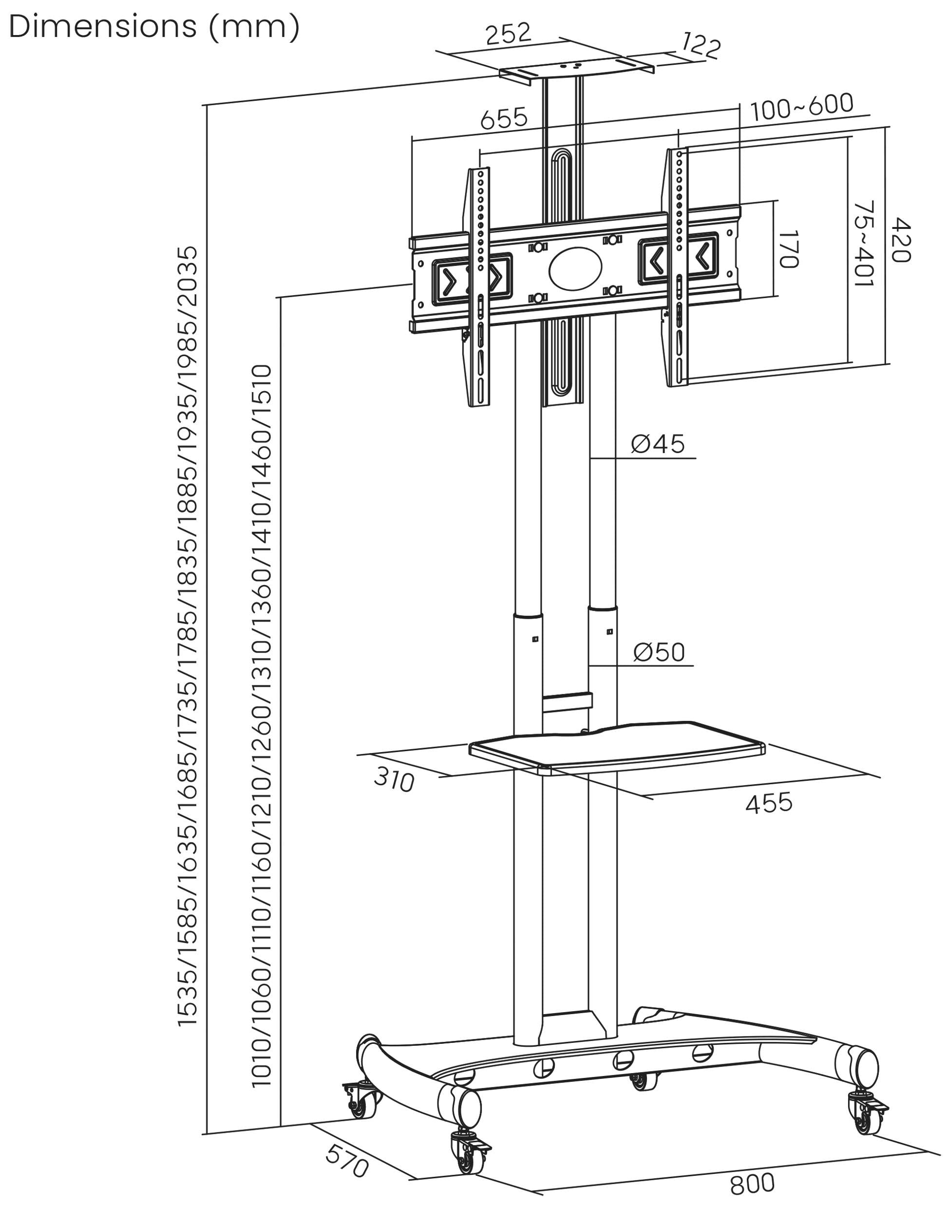 Diagram regulowanego stojaka na telewizor z kółkami. Wymiary w milimetrach: wysokość 1550-1700, szerokość 800. Posiada powierzchnię do przechowywania.