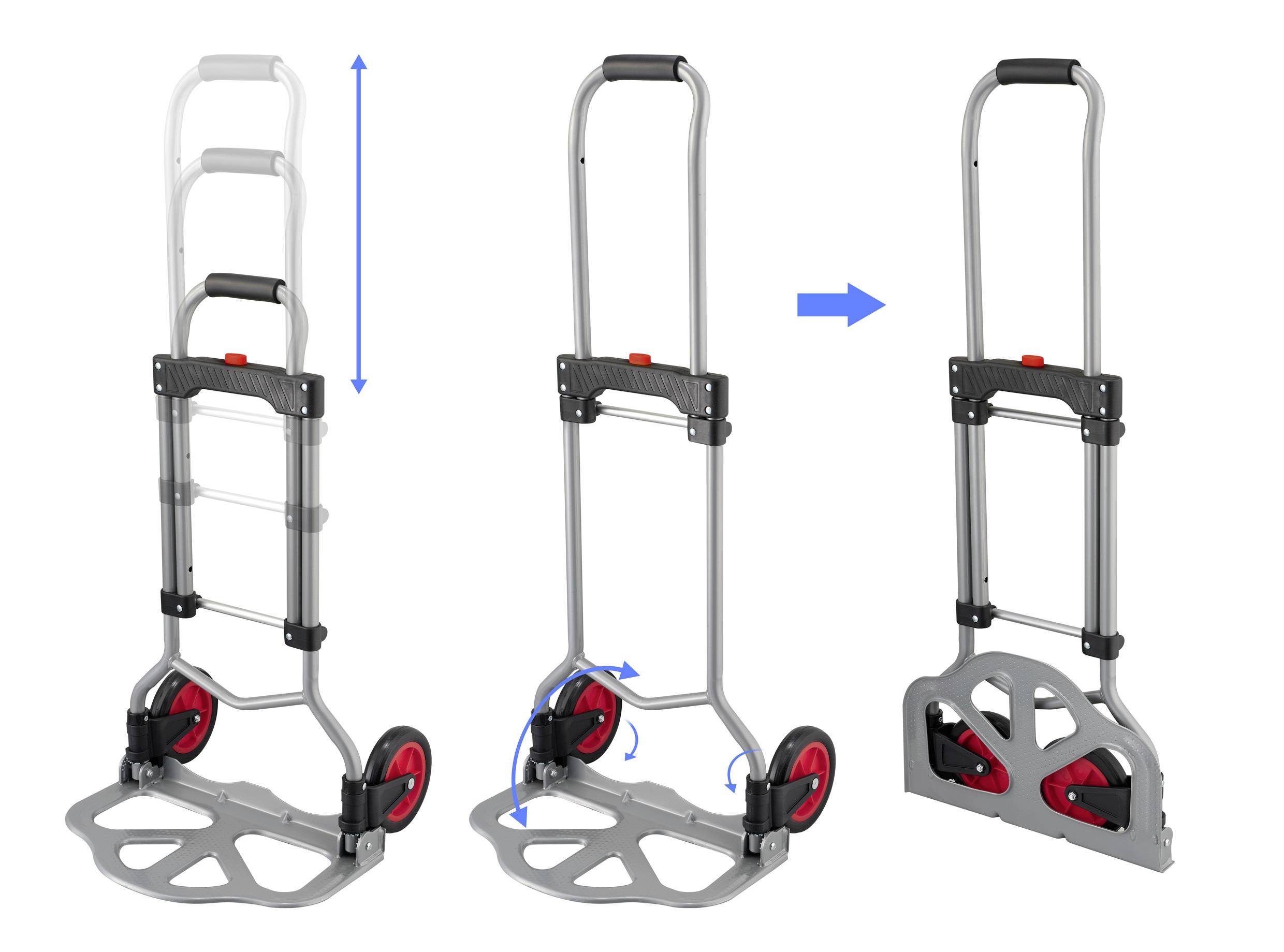 Wózek składa się w trzech etapach: rozłożony, częściowo złożony, całkowicie złożony. Strzałki wskazują kierunek ruchu.