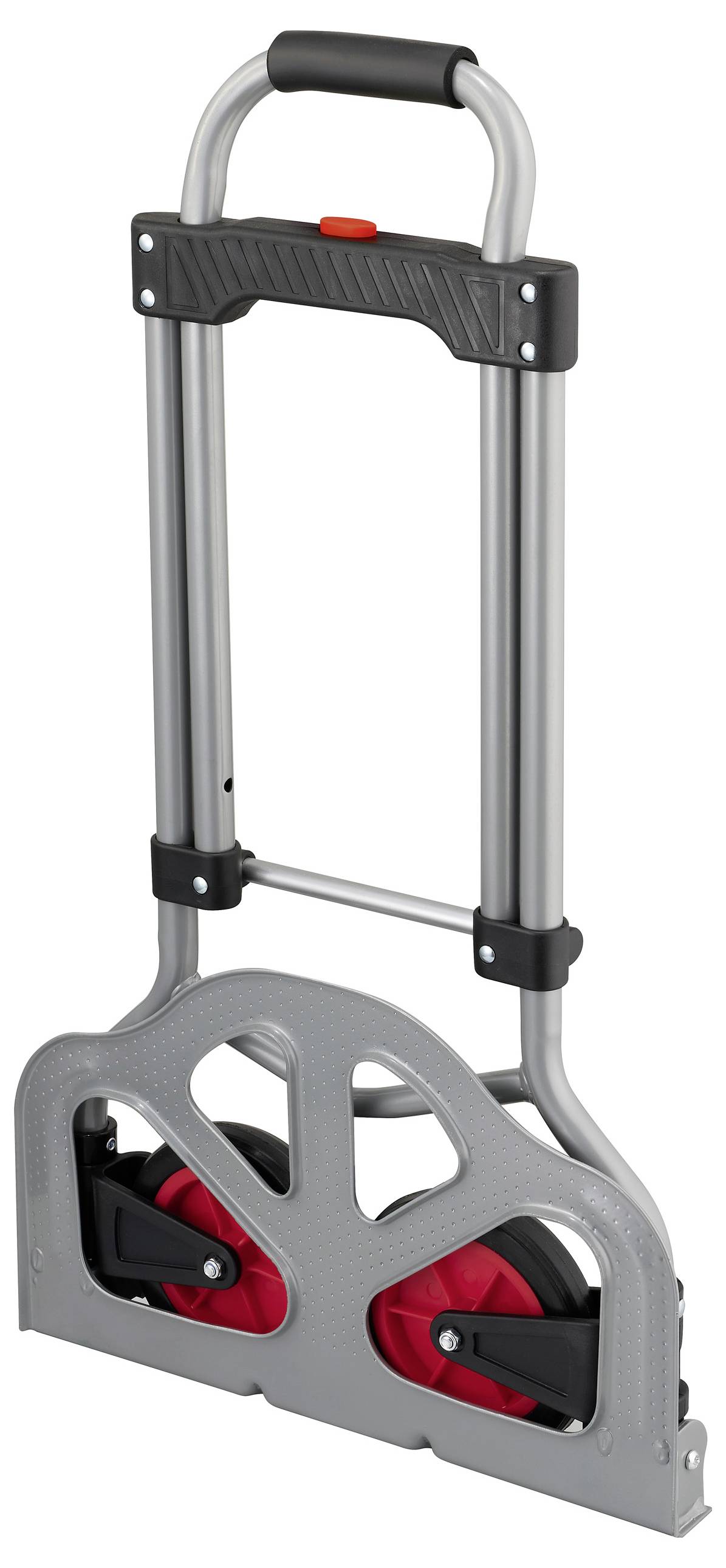 Składany wózek ręczny z dwoma czerwonymi kołami i czarną rączką, idealny do transportu ciężkich ładunków.