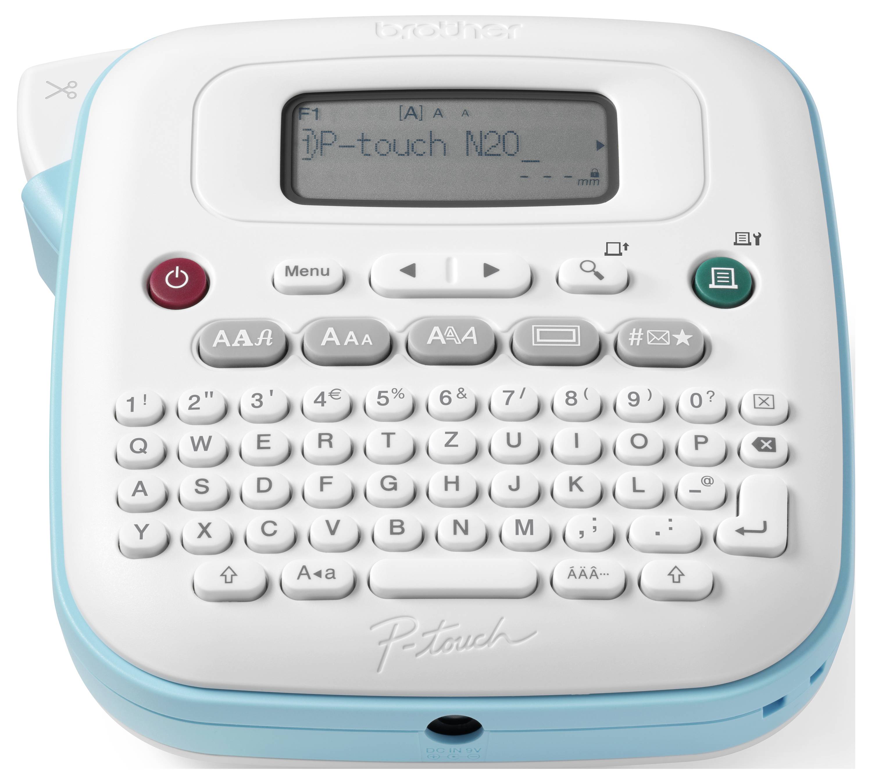 Elektroniczne urządzenie do oznaczania z klawiaturą i wyświetlaczem. Nazwa marki na górze, centralny ekran wyświetla 'P-touch N20'. Nadaje się do tworzenia etykiet.
