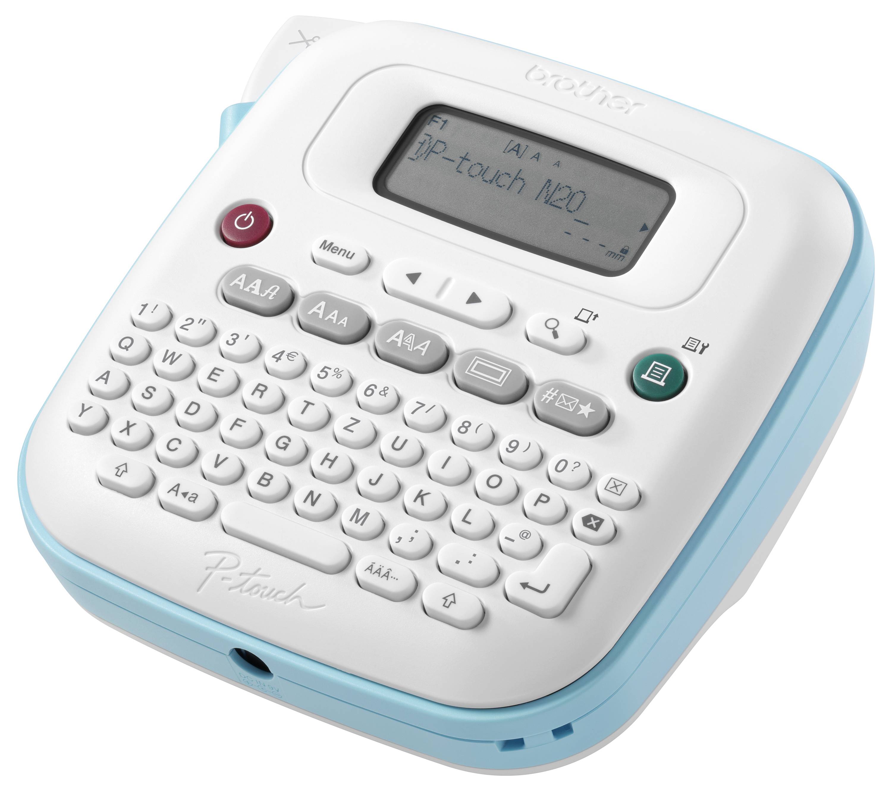 Przenośne urządzenie do etykietowania z pełną klawiaturą QWERTZ, wyświetlaczem do podglądu tekstu oraz klawiszami funkcyjnymi do tworzenia etykiet.