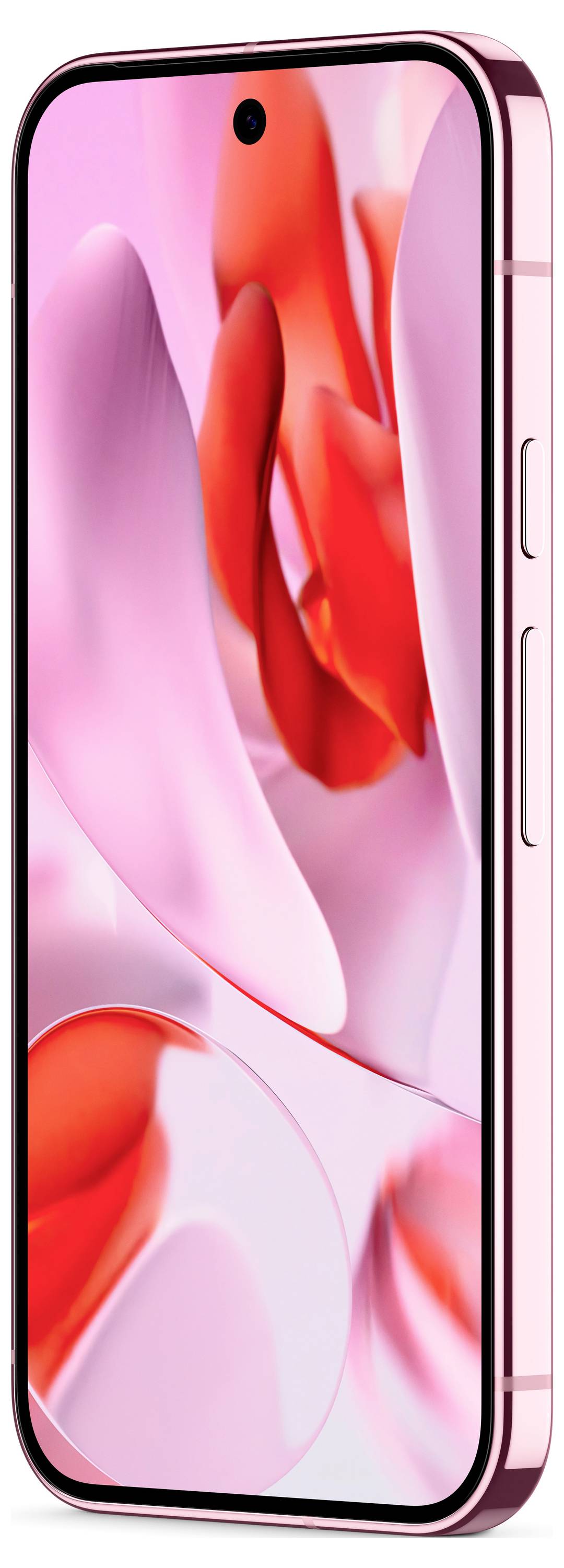 Smartfon w kolorze różowym z zaokrąglonym ekranem, wyświetlający jasną, abstrakcyjną grafikę. Widok z boku ukazuje przyciski regulacji głośności.