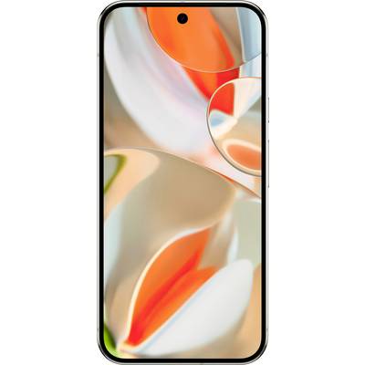 Smartfon z obrazem na ekranie, przedstawiającym jasne, rozmyte wzory kolorystyczne w bieli, pomarańczu i beżu.