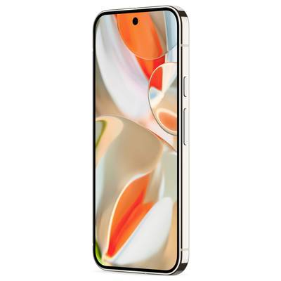 Smartfon w kolorze srebrnym z dużym ekranem. Zaokrąglone rogi i smukła sylwetka podkreślają nowoczesną estetykę urządzenia.