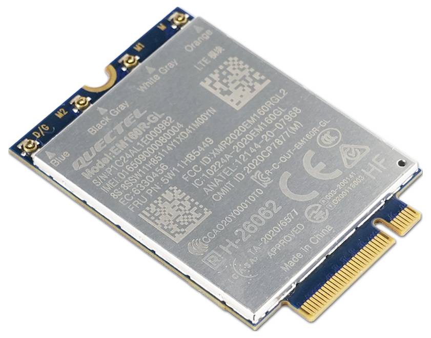 Moduł 'Quectel Wireless Solutions' z srebrną obudową przedstawia różne informacje techniczne i złącza.