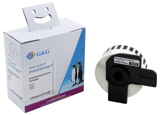 Etykieta ciągła w pudełku z wizerunkiem pingwina obok rolki etykiet. Kompatybilna z drukarkami Brother, czarny nadruk na białym tle.