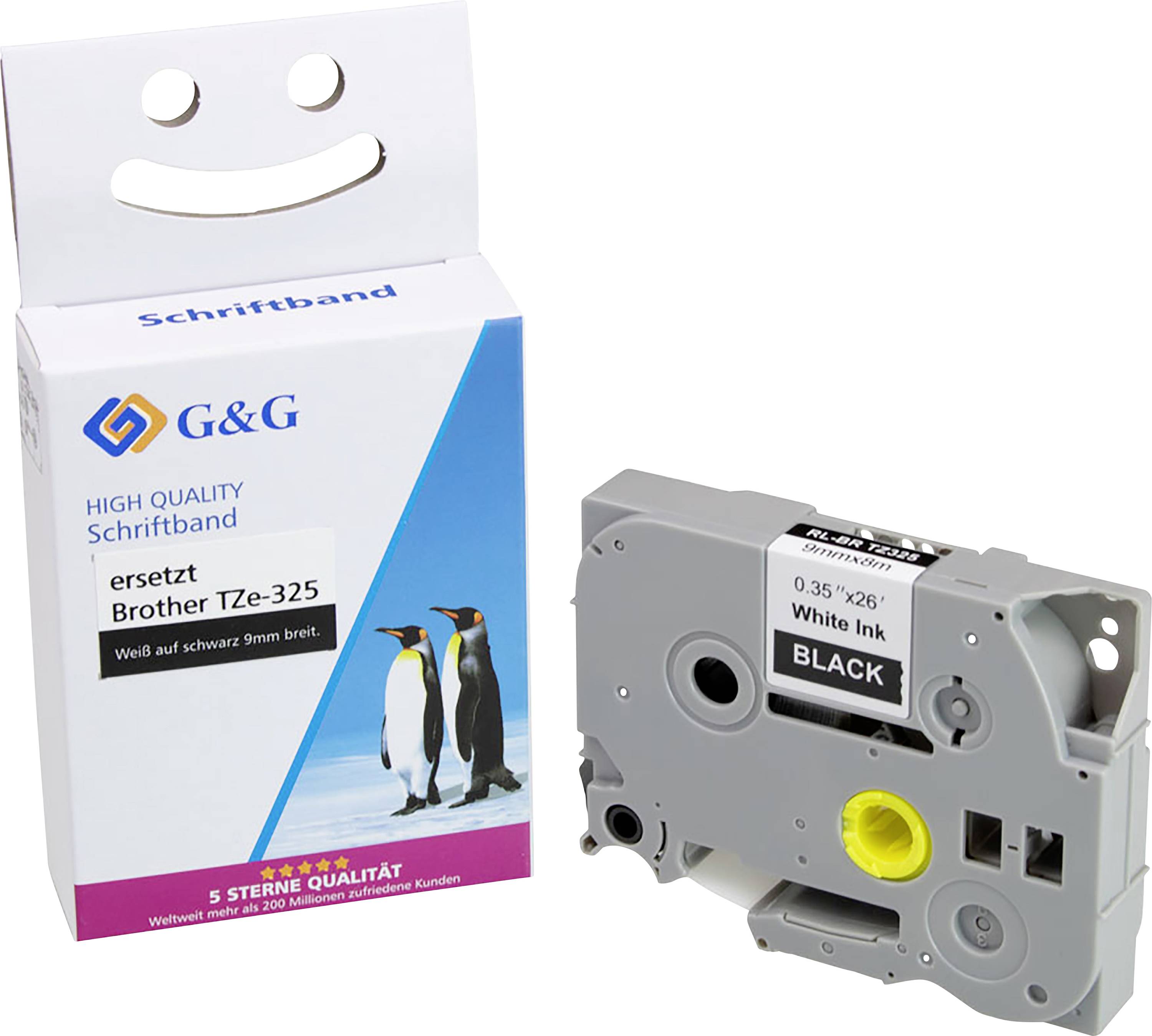 Запасна стрічка для друку G&G BB-B-G-325, колір стрічки Brother TZe-325: чорний, колір друку: білий, 9 мм, 8 м