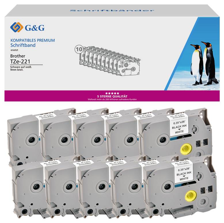 Заміна стрічки для друку G&G 5T221-10TD Заміна Brother TZe-221 Колір стрічки: білий Колір друку: чорний 9 мм 8 м