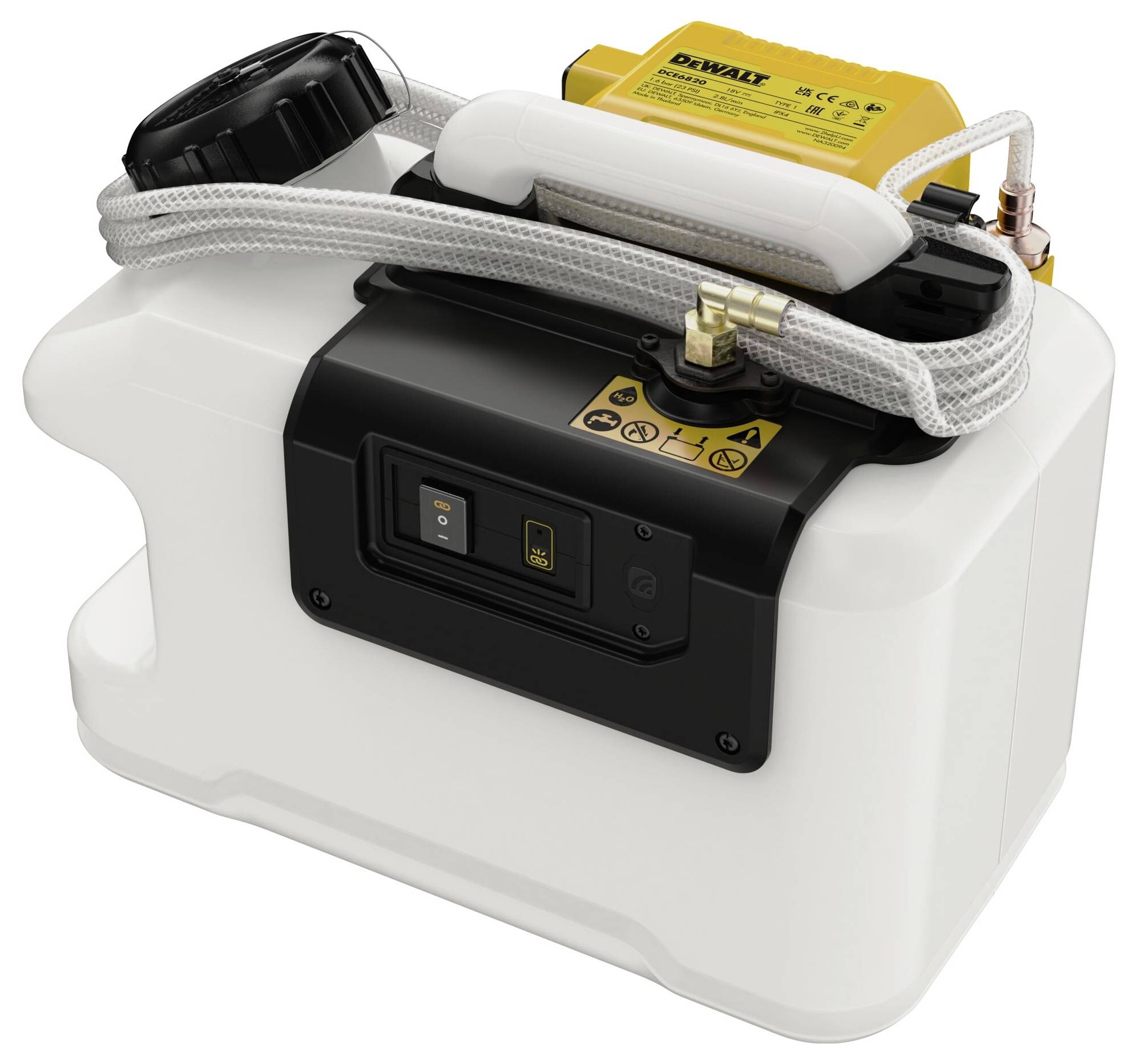 Przenośny pojemnik chłodzący w kolorze białym i czarnym z żółtą etykietą. Na górze znajduje się uchwyt, a dwa przewody są podłączone.