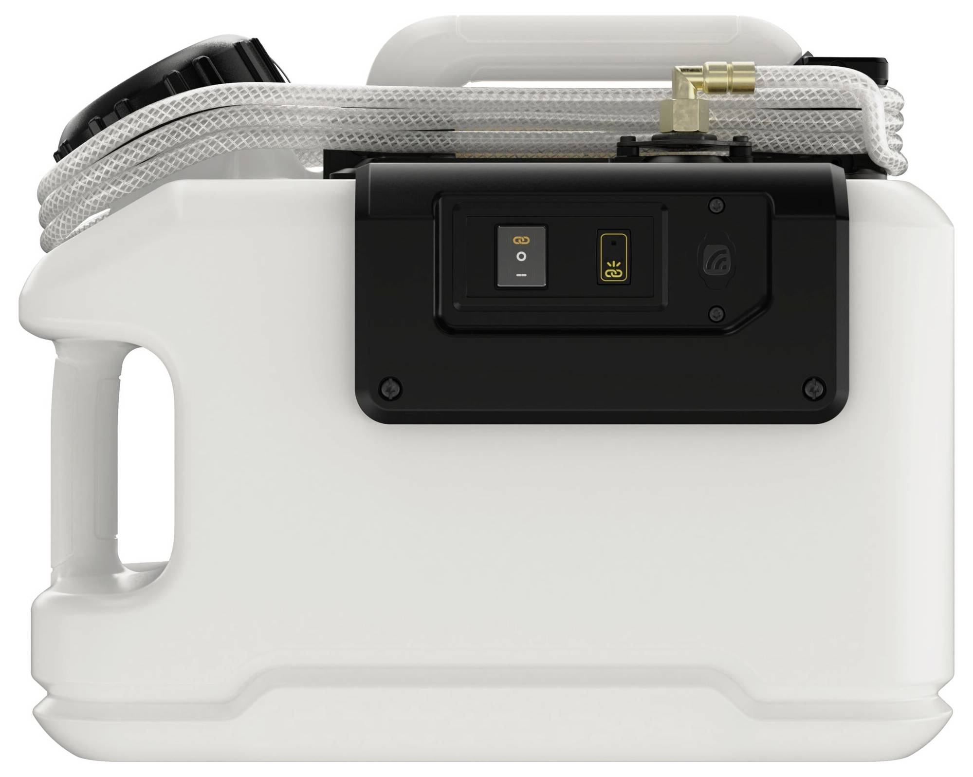 Biały plastikowy pojemnik z wbudowanym ekranem, przymocowany do uchwytu. Na górze zwinięty wąż i metalowe złącze.