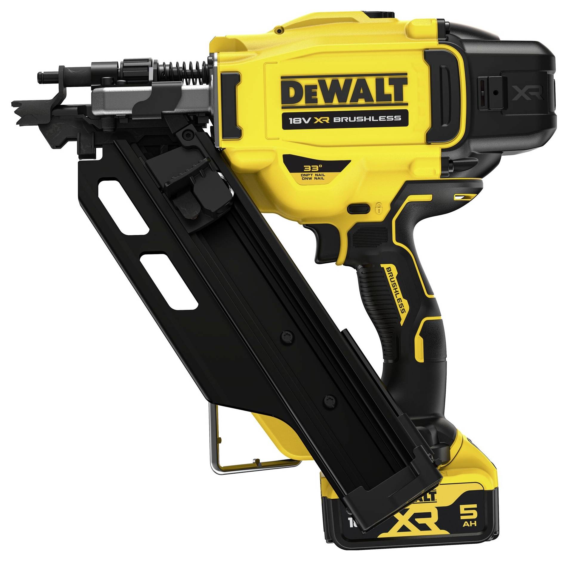 Żółto-czarne, zasilane akumulatorowo urządzenie do gwoździ firmy DEWALT, model 16V XR Brushless, z magazynkiem na gwoździe.