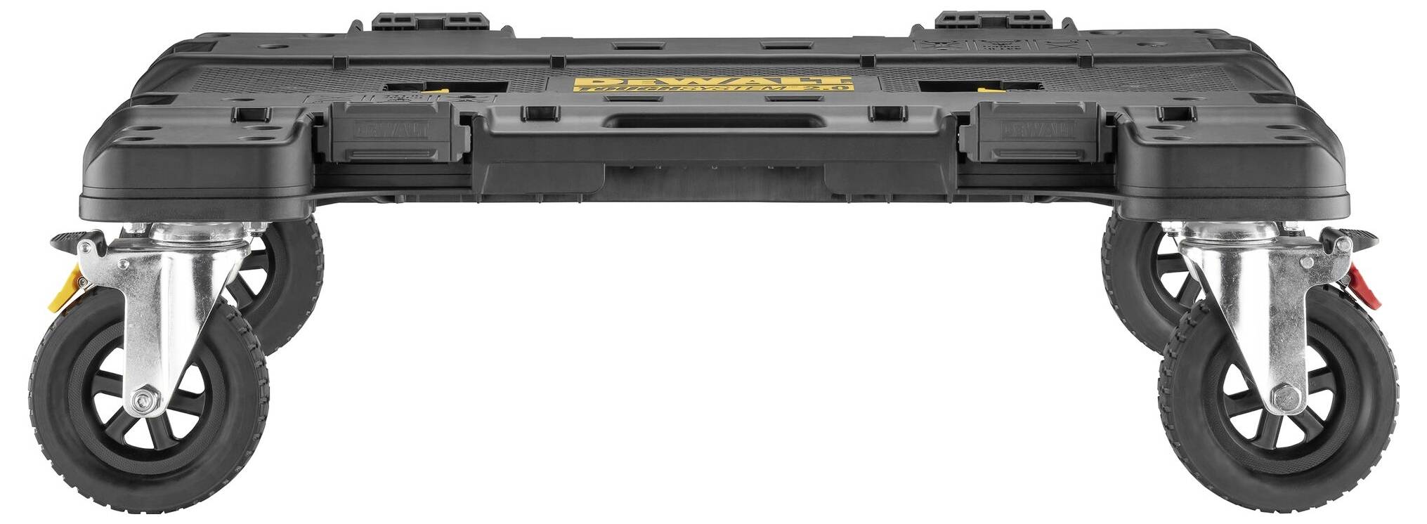 Wózek transportowy z czarnymi, obrotowymi kółkami i wytrzymałą ramą z tworzywa sztucznego, przeznaczony do przewozu skrzynek narzędziowych i ciężkich ładunków.