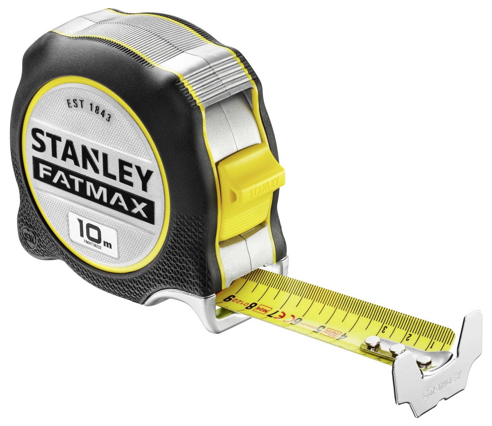 Miarka zwijana 'Stanley Fatmax' o długości 10 metrów, w czarnej obudowie z żółtą taśmą, służy do pomiarów długości.