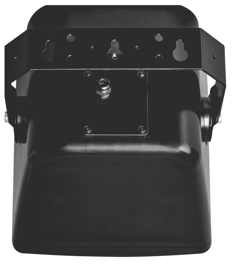 Czarne, prostokątne urządzenie z uchwytem i widoczną śrubą. Odpowiednie do montażu sufitowego lub ściennego w środowiskach technicznych.