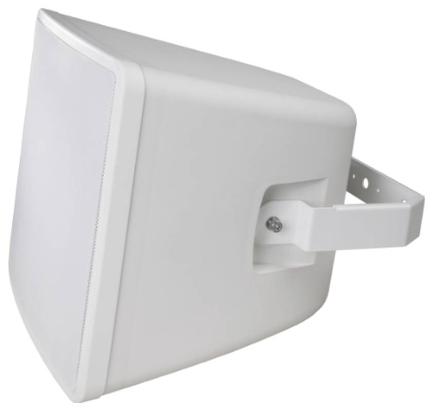 Biała kolumna głośnikowa z mocowaniem ściennym, widok z boku.