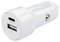 Białe samochodowe ładowarki USB-A i USB-C z wtyczką do gniazda zapalniczki. Odpowiednie do ładowania urządzeń podczas jazdy samochodem.