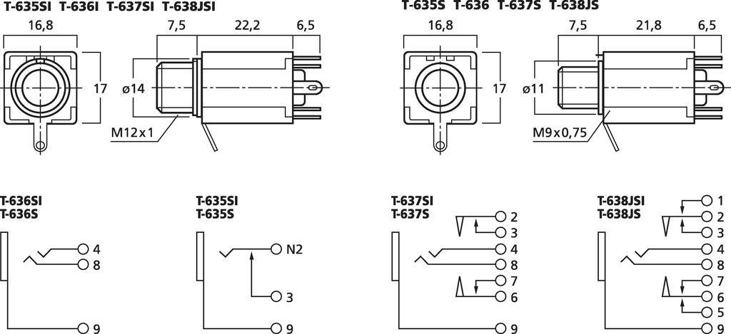 Rysunek techniczny złączy elektrycznych, przedstawiający modele T-635SI, T-636I, T-637SI, T-638SI wraz z rozmieszczeniem pinów i wymiarami.