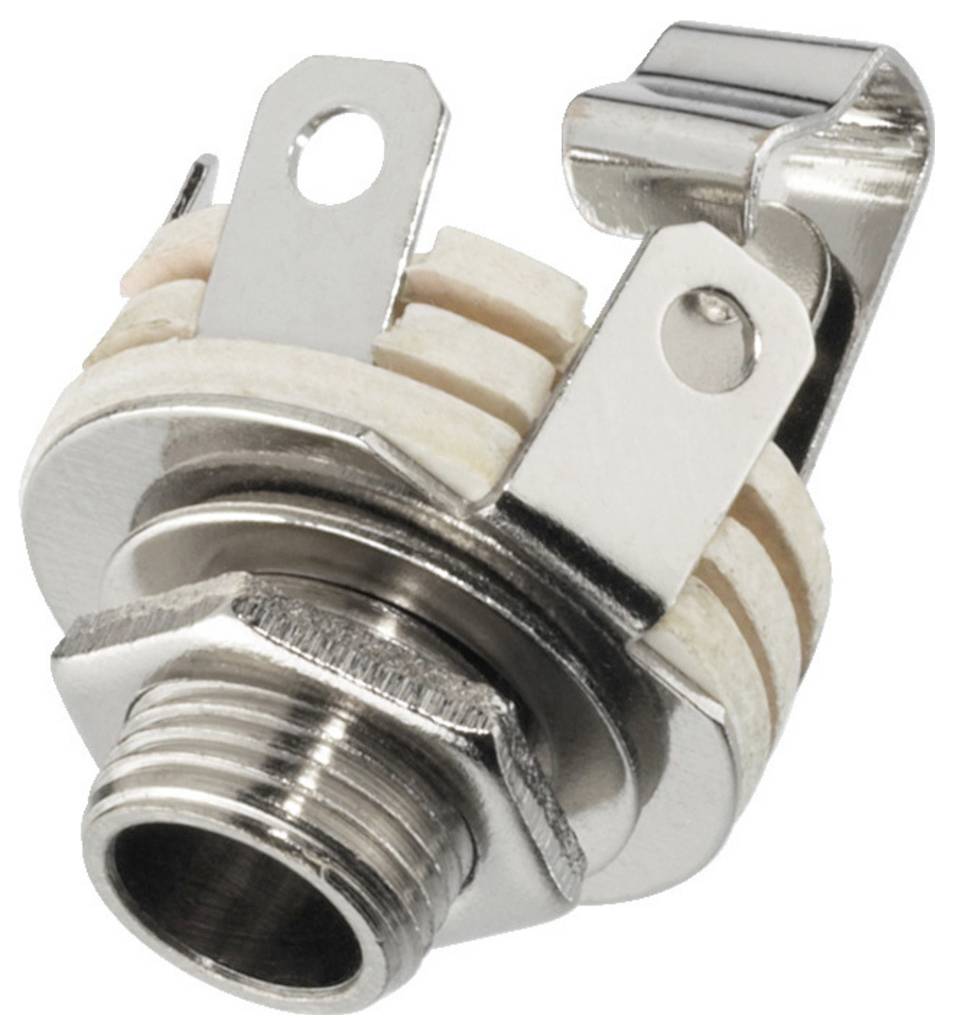 Metalowa buchta gitarowa, używana do podłączenia wtyczki gitary z elektroniką, wyposażona w dwa zaciski lutownicze.