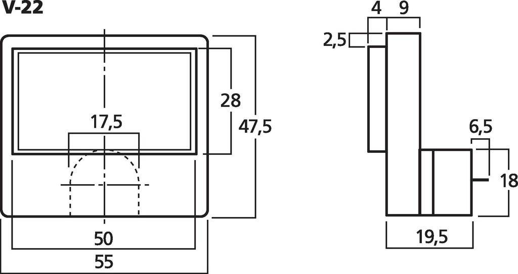 Techniczna ilustracja części V-22 z wymiarami w milimetrach: szerokość 55, wysokość 47,5, głębokość 19,5, szczegółowe wymiary podane.