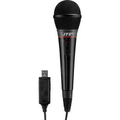 Czarne mikrofon z interfejsem USB, odpowiednie do nagrywania śpiewu lub mowy.