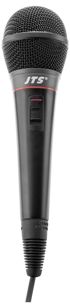 Czarne przewodowe mikrofon z czerwonym pierścieniem i nadrukiem 'JTS', odpowiedni do nagrań wokalnych lub głosowych.
