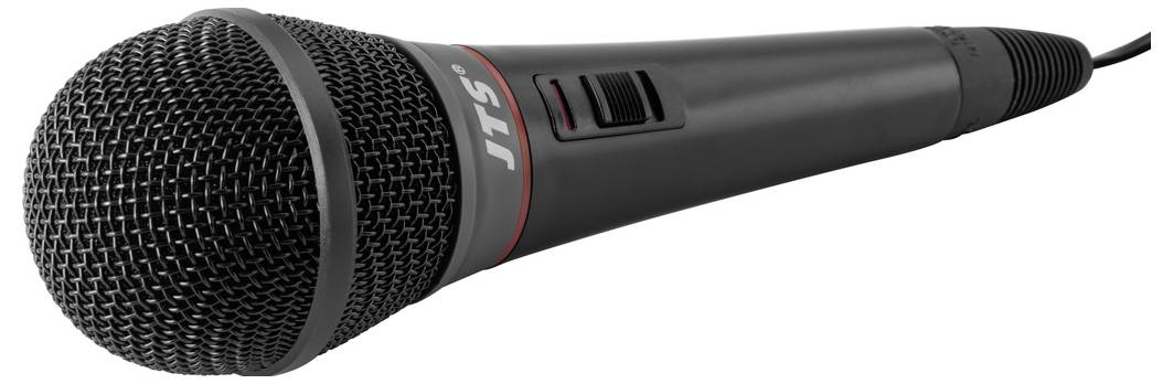 Czarne mikrofon ręczne z czerwonym pierścieniem i przewodem. Nadaje się do śpiewania i mówienia na scenie lub podczas imprez.