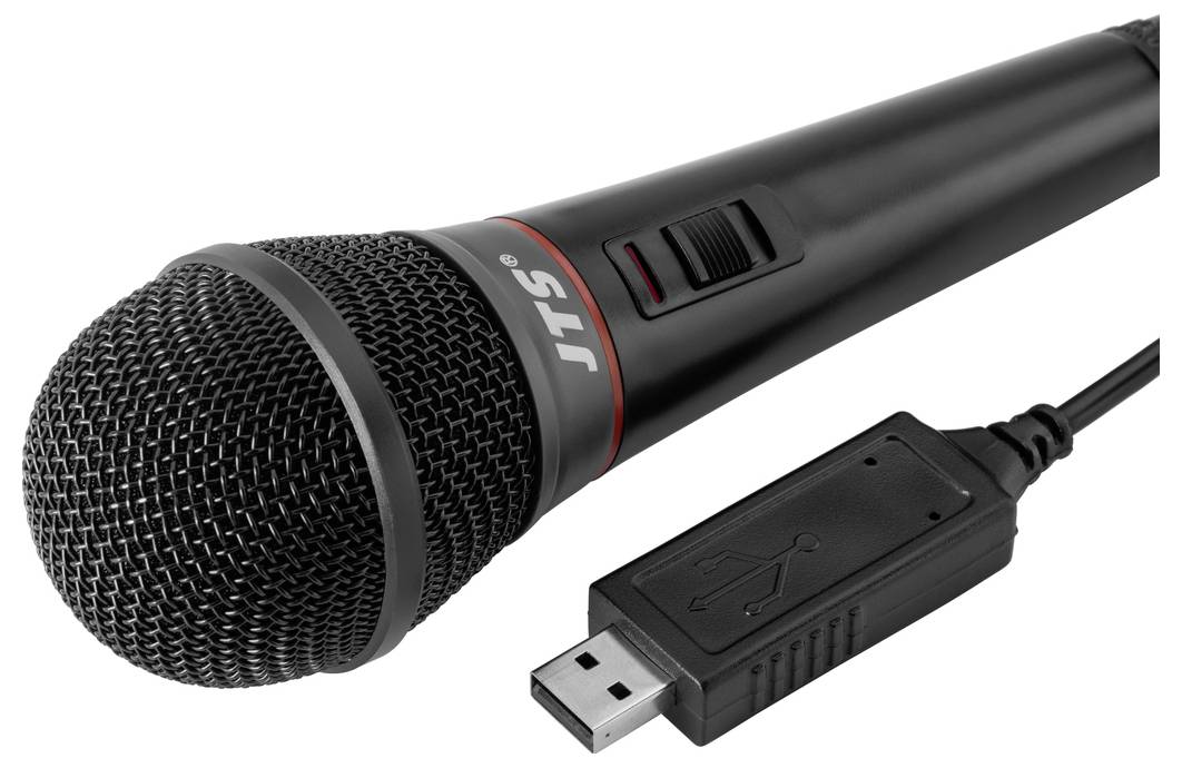 Czarne mikrofon USB z przełącznikiem i czerwonym pierścieniem, odpowiednie do nagrań głosowych lub śpiewu, leży na białym tle.