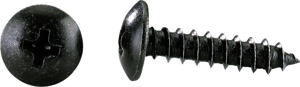 Dwie czarne metalowe śruby, jedna z okrągłą główką i rowkiem, prezentują różne ujęcia: jedno czołowe, drugie z boku.