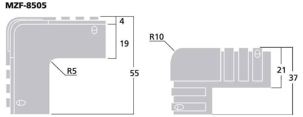 Rysunek techniczny elementu, model 'MZF-8505', z wymiarami: wysokość 55 mm, szerokość 21 mm, promienie R5 i R10.