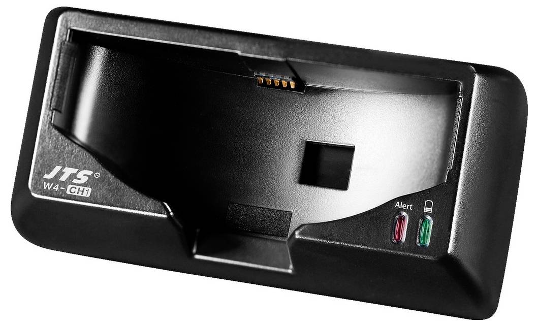 Czarna ładowarka z dwoma wskaźnikami LED i slotem na akumulator. Widoczne logo marki 'JTS' oraz model 'W4-CH1'.