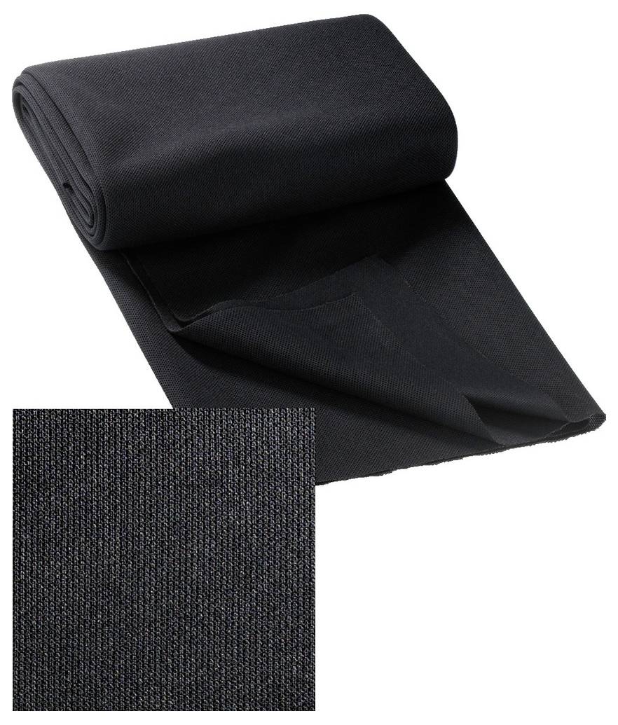 Czarny materiał na rolce, gładki i gęsto tkany, idealny do odzieży lub tapicerki.