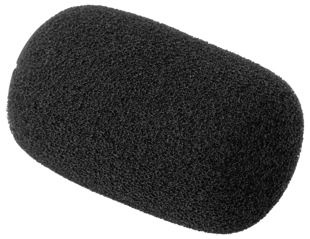 Czarny osłona mikrofonowa w zbliżeniu, o kształcie cylindrycznym. Używana do redukcji szumów wiatrowych i zakłóceń podczas nagrań audio.