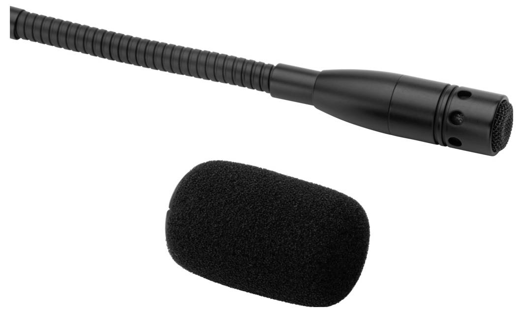 Czarne mikrofon pojemnościowy z elastycznym ramieniem i zdejmowaną osłoną przeciwwietrzną, przeznaczony do studiów nagraniowych lub zastosowań scenicznych.