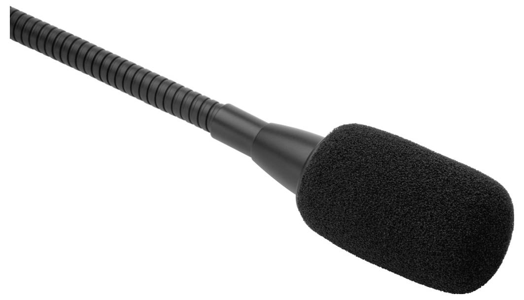 Czarny mikrofon na gęsiej szyi z nakładką przeciwpyłową. Odpowiedni do wystąpień lub prezentacji na mównicach konferencyjnych.