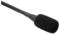 Czarny mikrofon na gęsiej szyi z nakładką przeciwpyłową. Odpowiedni do wystąpień lub prezentacji na mównicach konferencyjnych.