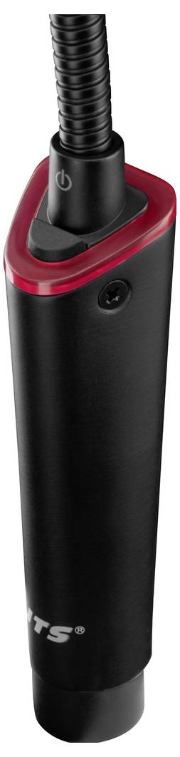 Czarne, cylindryczne urządzenie ręczne z żebrowanym uchwytem i czerwonym akcentem na górnym końcu.