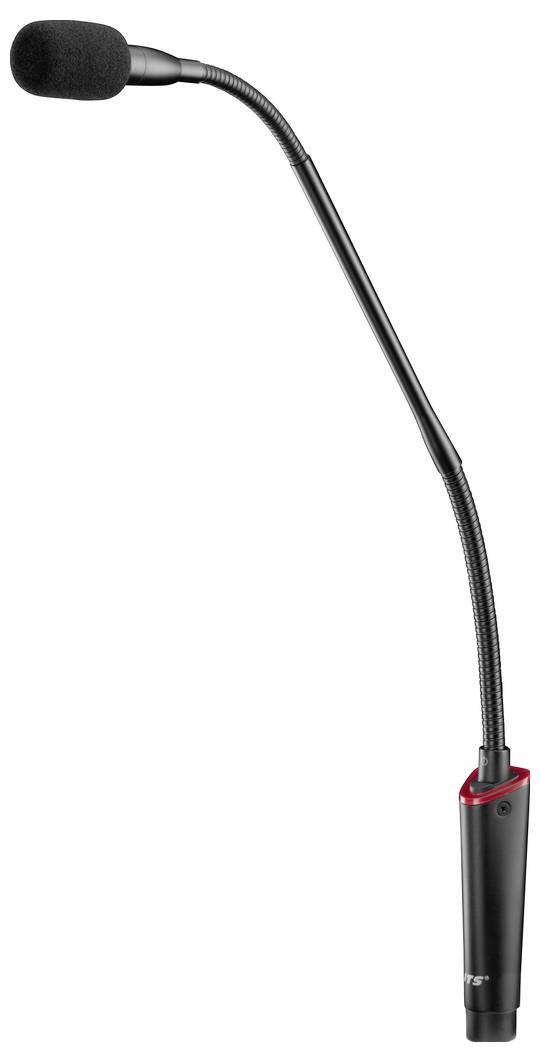 Czarne mikrofon na gęsiej szyi z wygiętą szyją i piankową osłoną przeciwwiatrową.