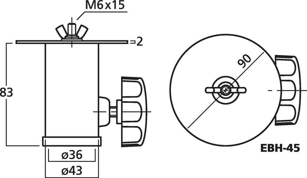Rysunek techniczny uchwytu o wymiarach: wysokość 83 mm, średnica 43 mm, śruba M6x15. Widok z boku i z góry. Model 'EBH-45'.
