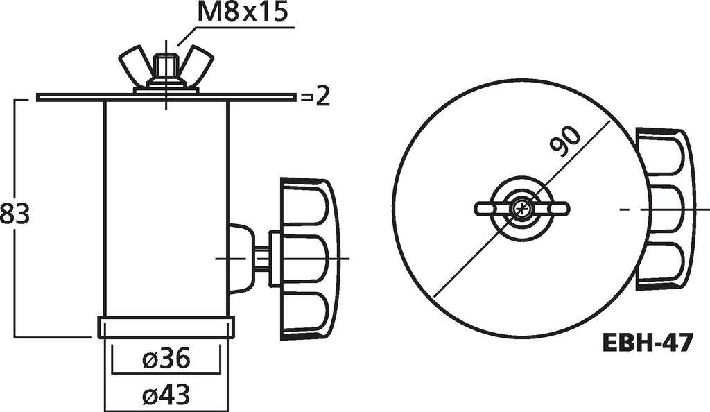 Rysunek techniczny elementu cylindrycznego z wymiarami: wysokość 83 mm, średnica 43 mm, śruby M8x15, numer modelu EBH-47.