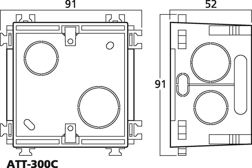 Rysunek obudowy ATT-300C z wymiarami. Z lewej strony: kwadratowa 91x91, w górnym prawym rogu: głębokość 52 z otworami okrągłymi i prostokątnymi.