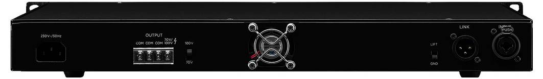 Tylna strona czarnego wzmacniacza audio z wentylatorem, złączem zasilania, zaciskami wyjściowymi oraz złączami XLR, przeznaczonego do profesjonalnych zastosowań audio.