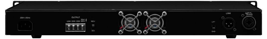 Czarny sprzęt audio z wentylatorami, złączami i przełącznikami z przodu. Wentylatory są umieszczone centralnie, gniazda po prawej stronie.