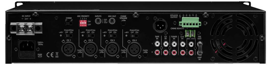 Tylna ściana wzmacniacza audio z wieloma wejściami XLR i RCA, wentylatorem oraz przełącznikami różnych ustawień.