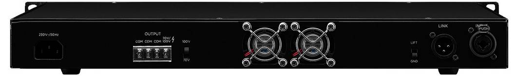 Czarny elektroniczny sprzęt z wentylatorami i złączami z tyłu. Odpowiedni do wyposażenia audio-wideo.