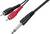 Przewód audio z wtykiem jack 6,35 mm do dwóch wtyków RCA, przeznaczony do podłączania sprzętu audio.