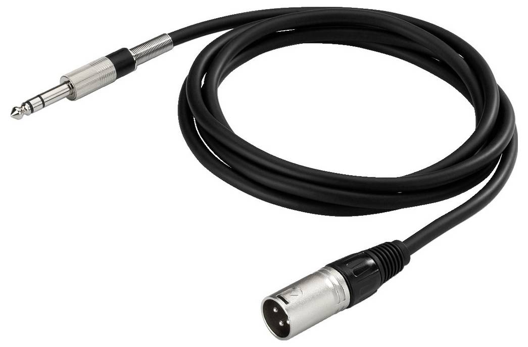 Czarny kabel audio z wtyczką jack 6,3 mm i złączem XLR, używany do podłączania urządzeń audio.
