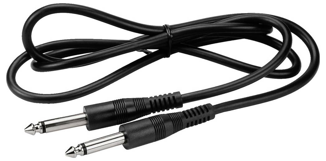 Czarny kabel audio z dwoma metalowymi wtykami na końcach, odpowiedni do instrumentów muzycznych lub sprzętu audio.