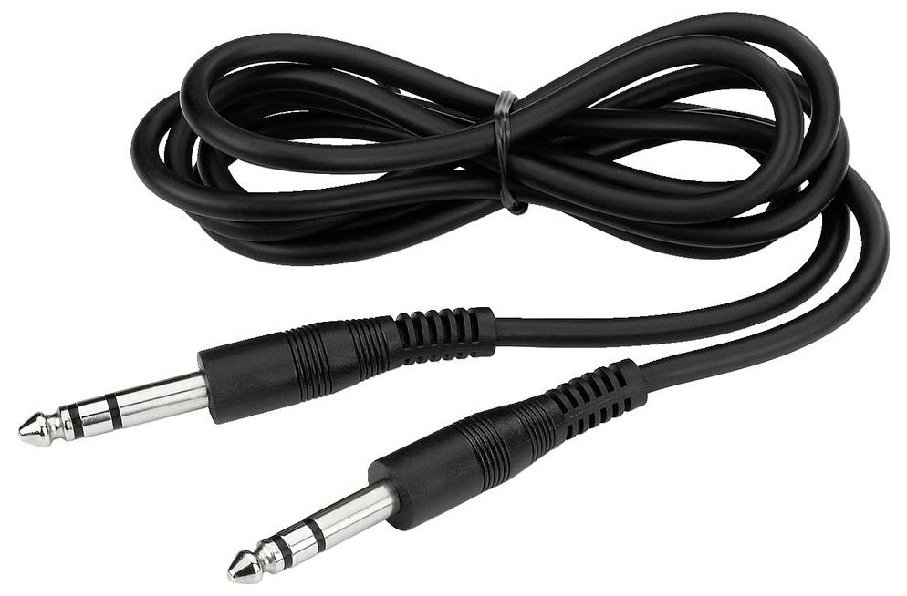 Dwa czarne kable audio z wtyczkami jack 6,35 mm na obu końcach, zwinięte na białym tle.